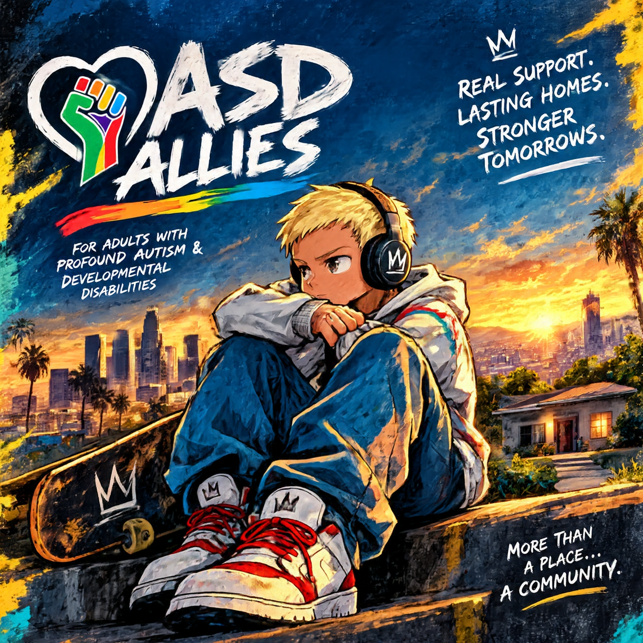 Colorful illustrated ASD Allies campaign artwork featuring Caleb